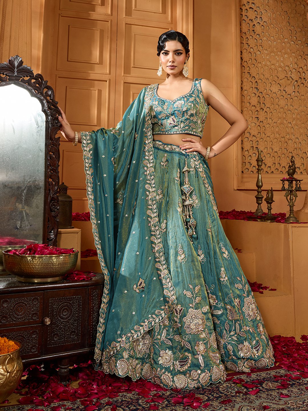 Green- Tissue Fabric Sequins embroidery Semi-Stitched Lehenga & Unstitched Blouse With Dupatta