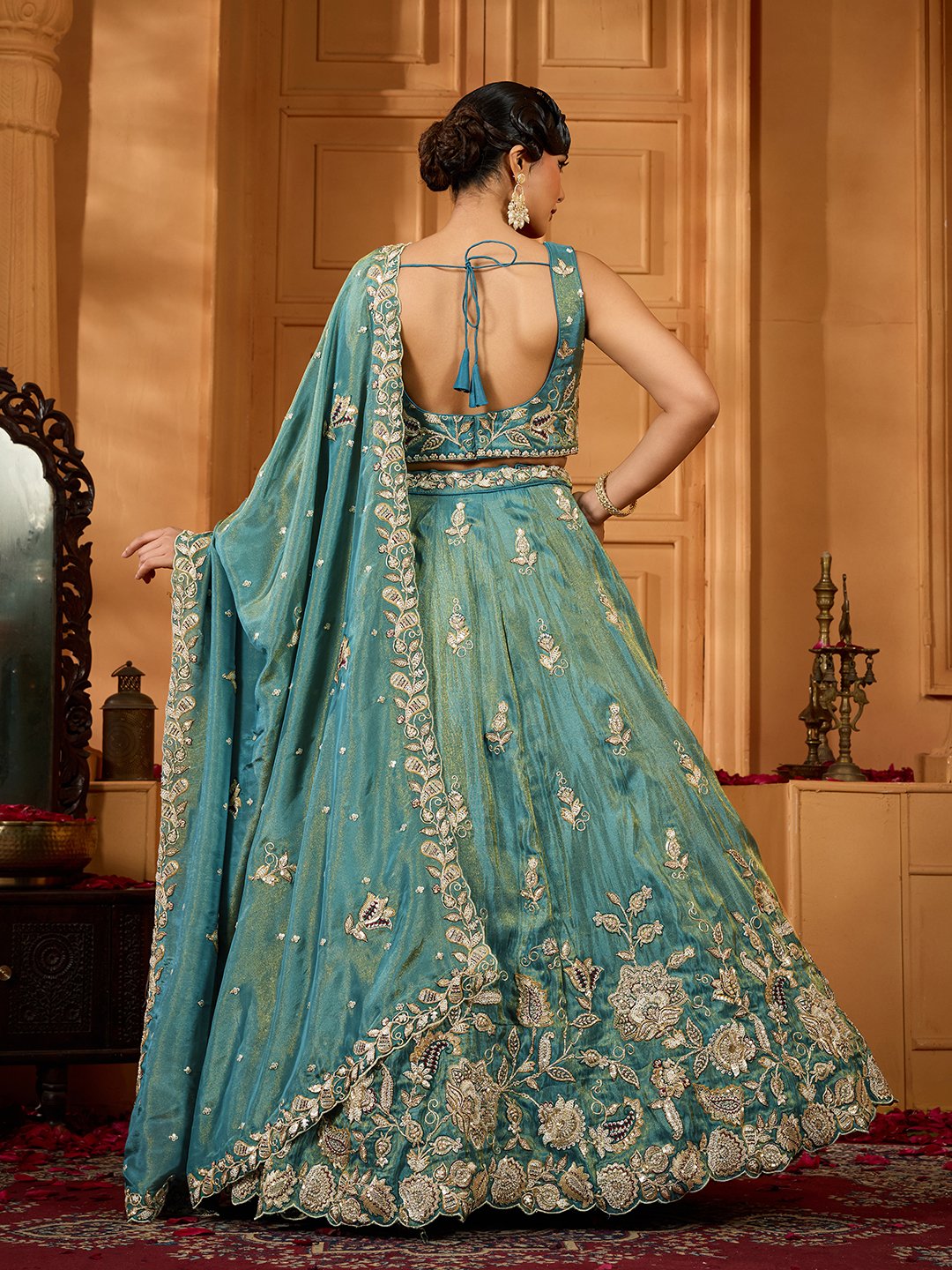 Green- Tissue Fabric Sequins embroidery Semi-Stitched Lehenga & Unstitched Blouse With Dupatta