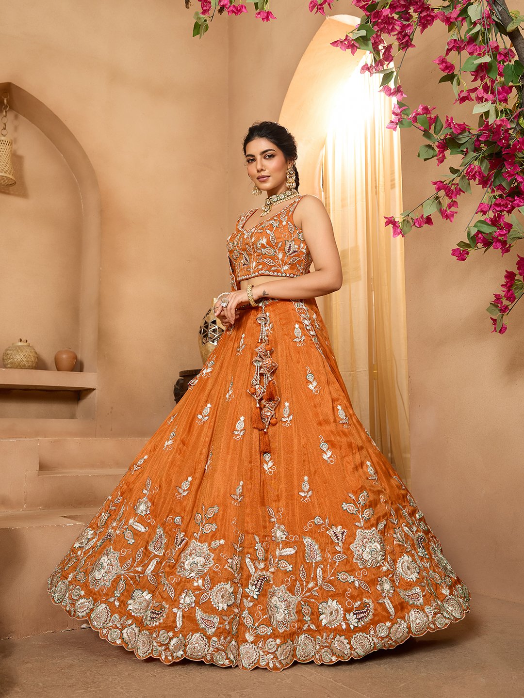 Orange- Tissue Fabric Sequinse embroidery Semi-Stitched Lehenga & Unstitched Blouse With Dupatta