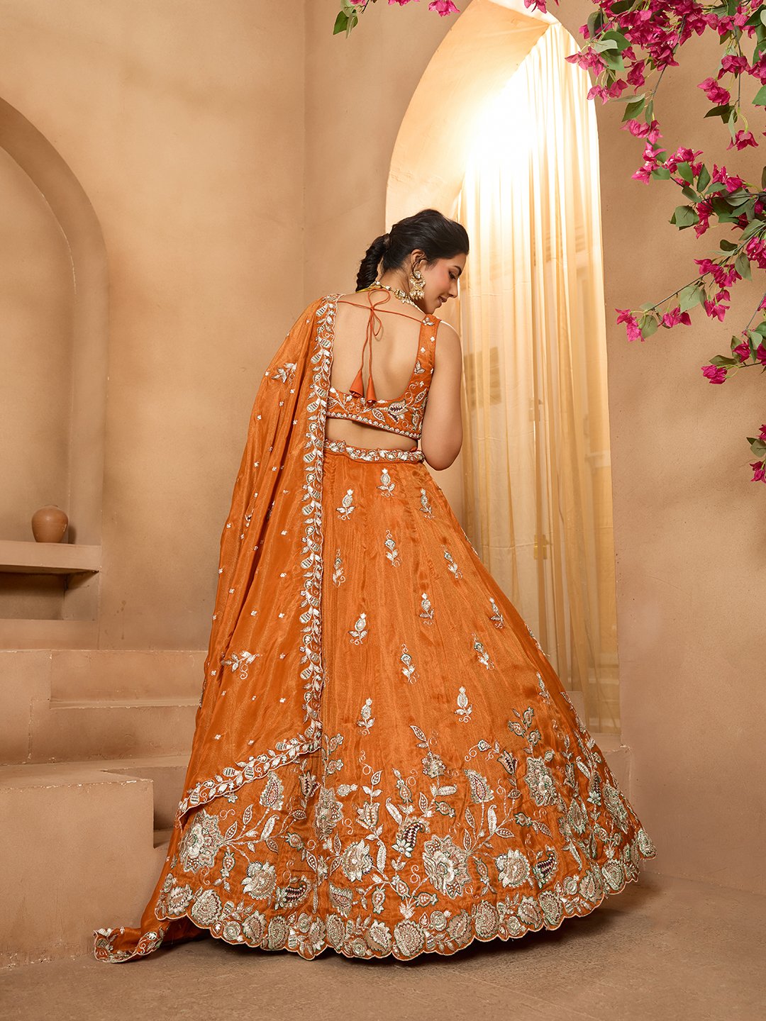 Orange- Tissue Fabric Sequinse embroidery Semi-Stitched Lehenga & Unstitched Blouse With Dupatta