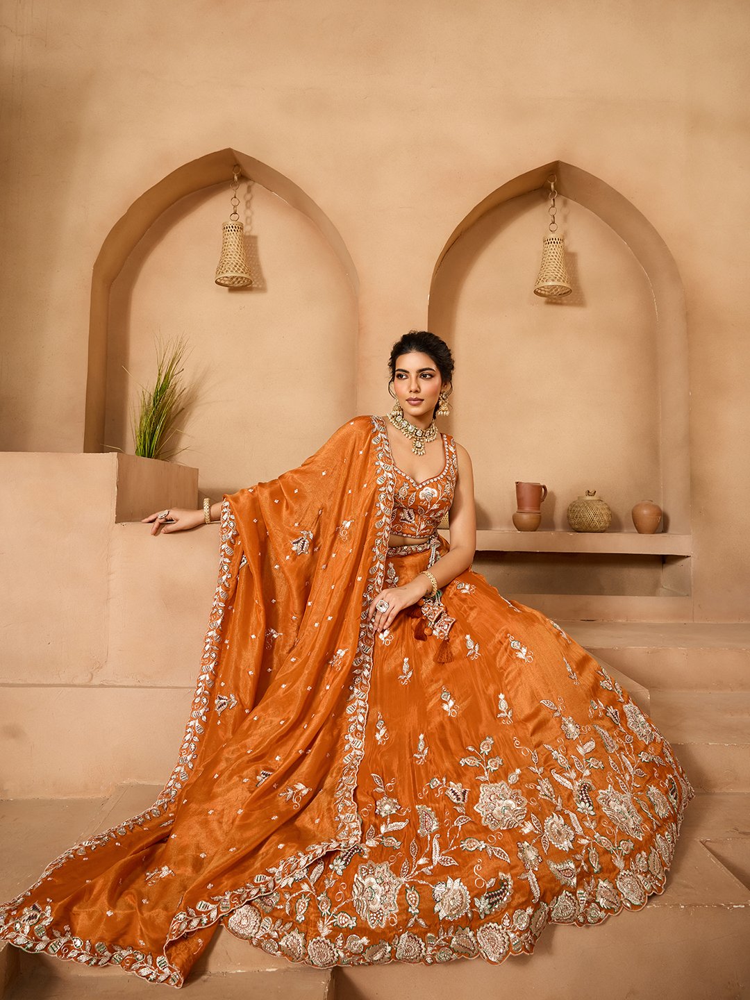 Orange- Tissue Fabric Sequinse embroidery Semi-Stitched Lehenga & Unstitched Blouse With Dupatta