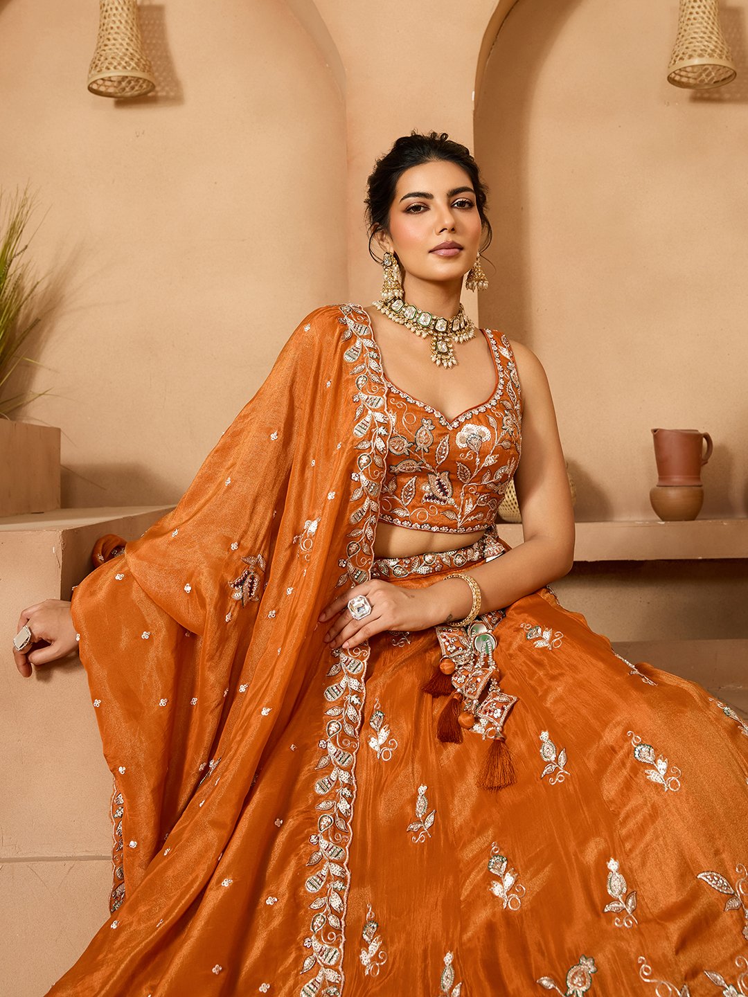 Orange- Tissue Fabric Sequinse embroidery Semi-Stitched Lehenga & Unstitched Blouse With Dupatta
