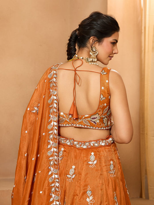 Orange- Tissue Fabric Sequinse embroidery Semi-Stitched Lehenga & Unstitched Blouse With Dupatta