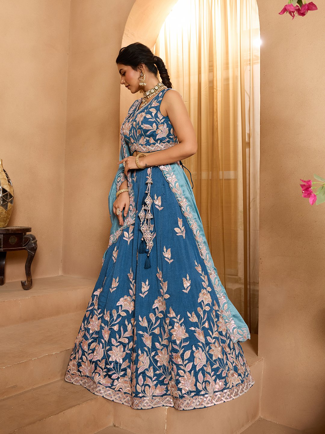 Teal- Silk Fabric Sequins embroidery Semi-Stitched Lehenga & Unstitched Blouse With Dupatta