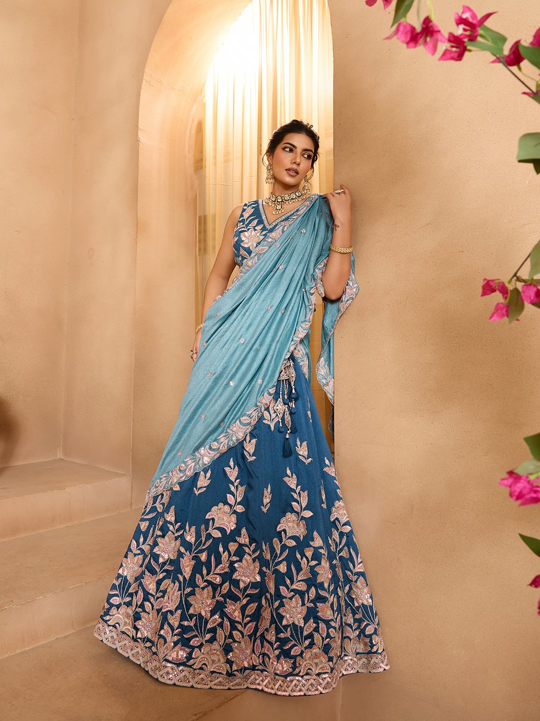 Teal- Silk Fabric Sequins embroidery Semi-Stitched Lehenga & Unstitched Blouse With Dupatta