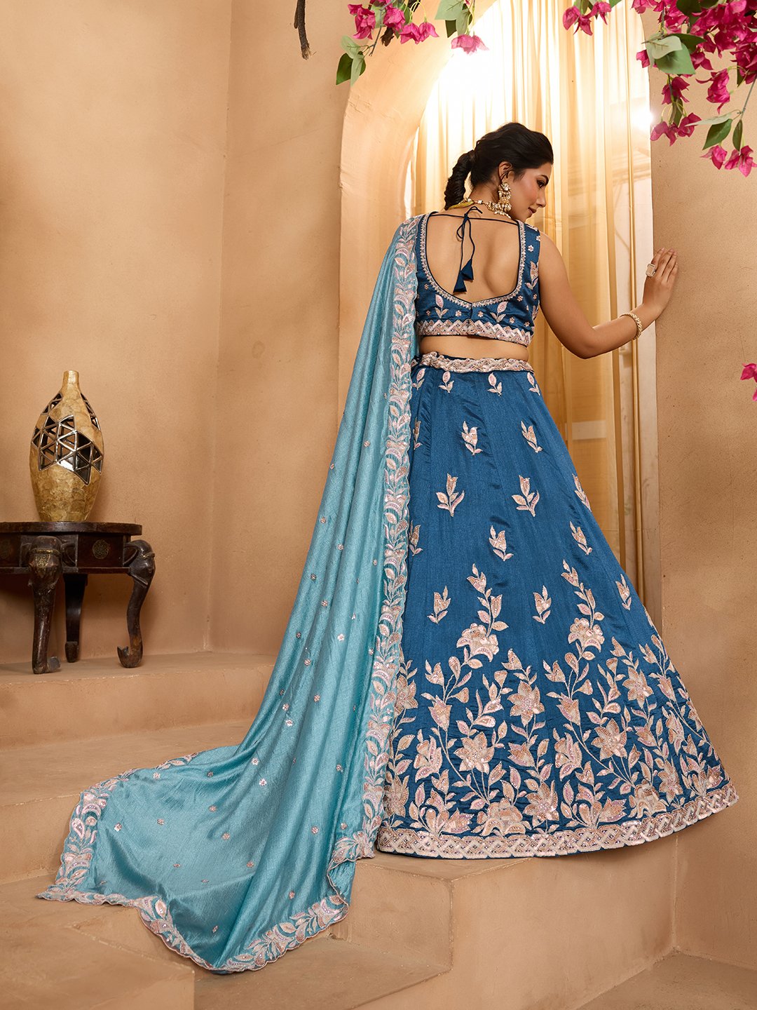 Teal- Silk Fabric Sequins embroidery Semi-Stitched Lehenga & Unstitched Blouse With Dupatta