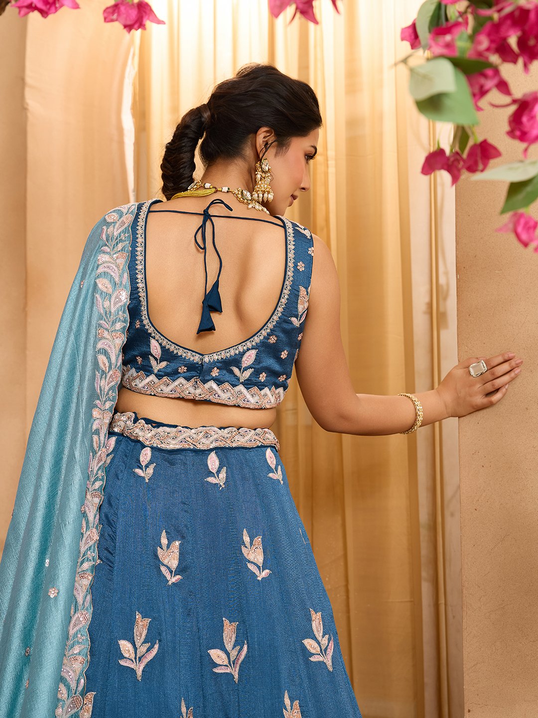 Teal- Silk Fabric Sequins embroidery Semi-Stitched Lehenga & Unstitched Blouse With Dupatta