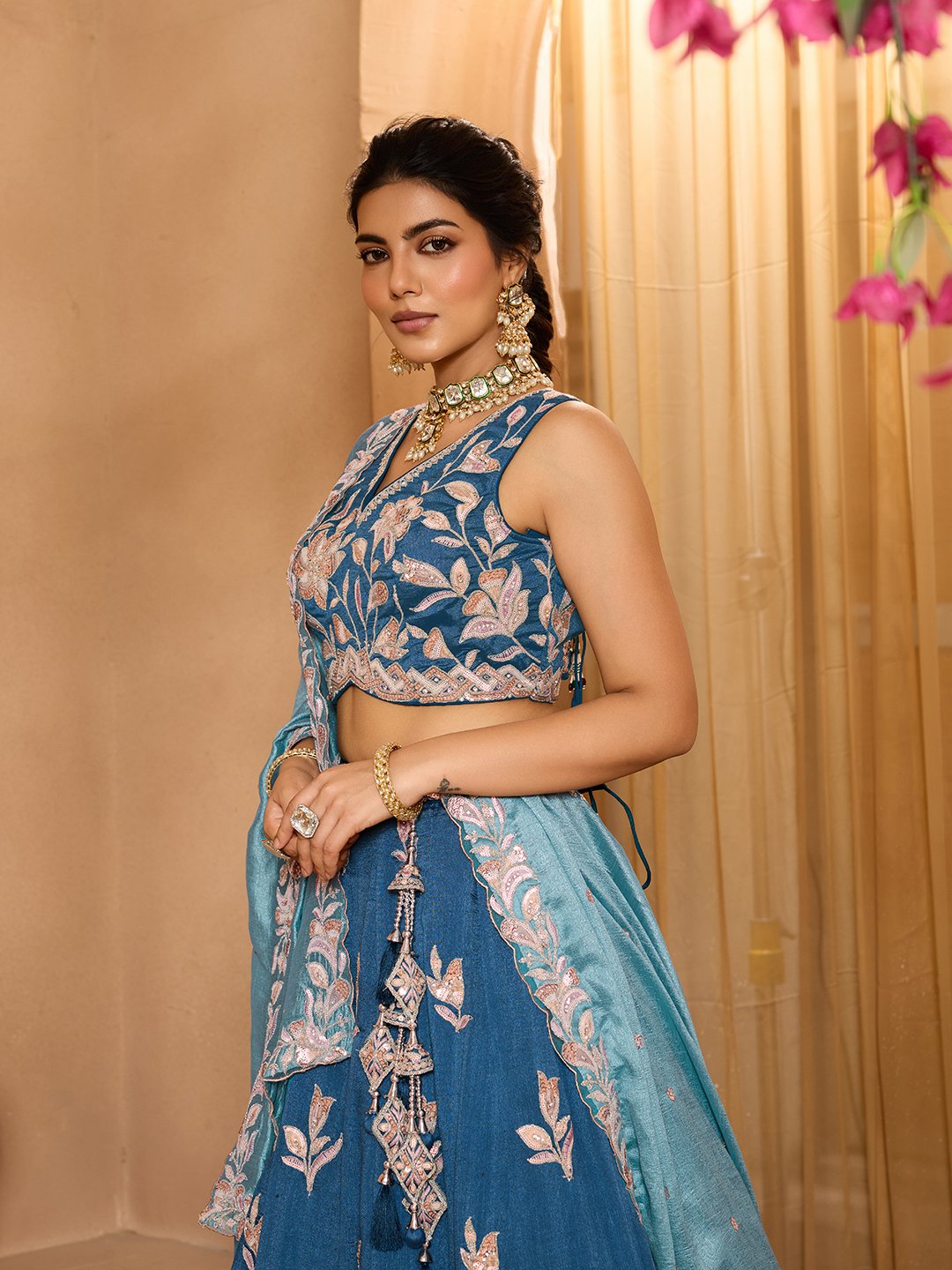 Teal- Silk Fabric Sequins embroidery Semi-Stitched Lehenga & Unstitched Blouse With Dupatta