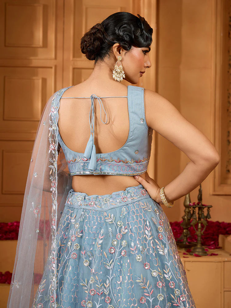 Grey- Net Fabric Sequins embroidery Semi-Stitched Lehenga & Unstitched Blouse With Dupatta