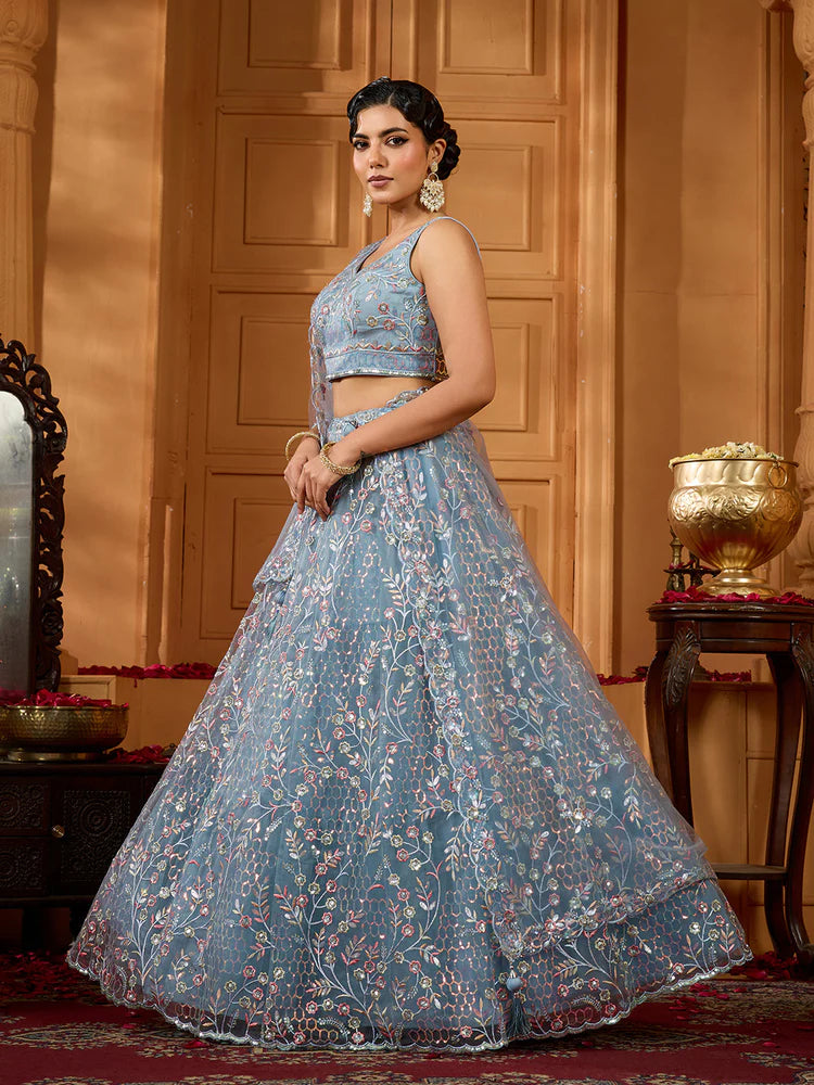 Grey- Net Fabric Sequins embroidery Semi-Stitched Lehenga & Unstitched Blouse With Dupatta