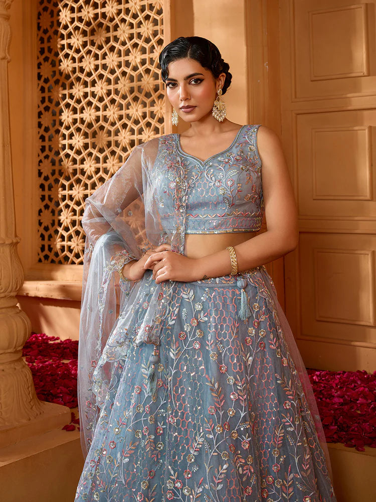 Grey- Net Fabric Sequins embroidery Semi-Stitched Lehenga & Unstitched Blouse With Dupatta