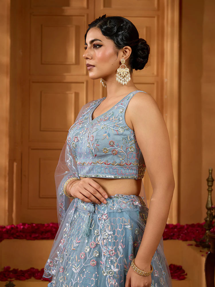 Grey- Net Fabric Sequins embroidery Semi-Stitched Lehenga & Unstitched Blouse With Dupatta