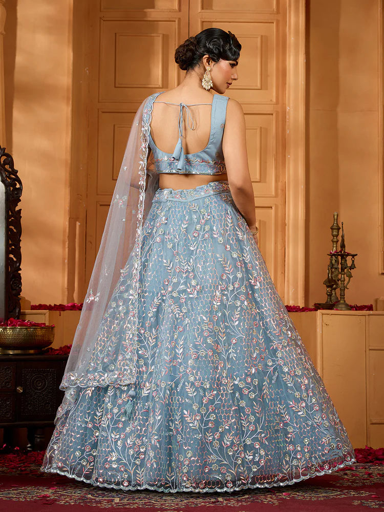 Grey- Net Fabric Sequins embroidery Semi-Stitched Lehenga & Unstitched Blouse With Dupatta
