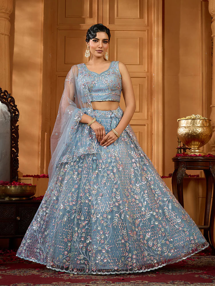 Grey- Net Fabric Sequins embroidery Semi-Stitched Lehenga & Unstitched Blouse With Dupatta