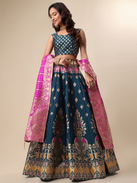 Ready to Wear Lehenga & Unstitched Blouse With Dupatta - Teal & Magenta