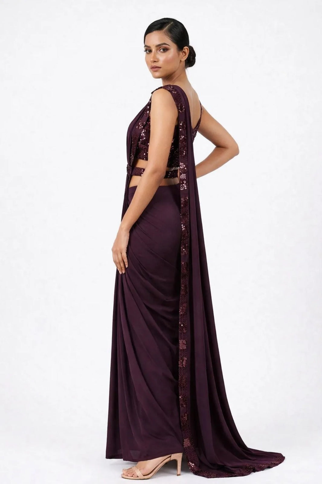 Alluring Maroon Embellished Designer Pre Draped Lycra Saree