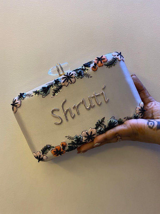 Customised Floral Embroidered Clutch with Transparent Knob - Pastels