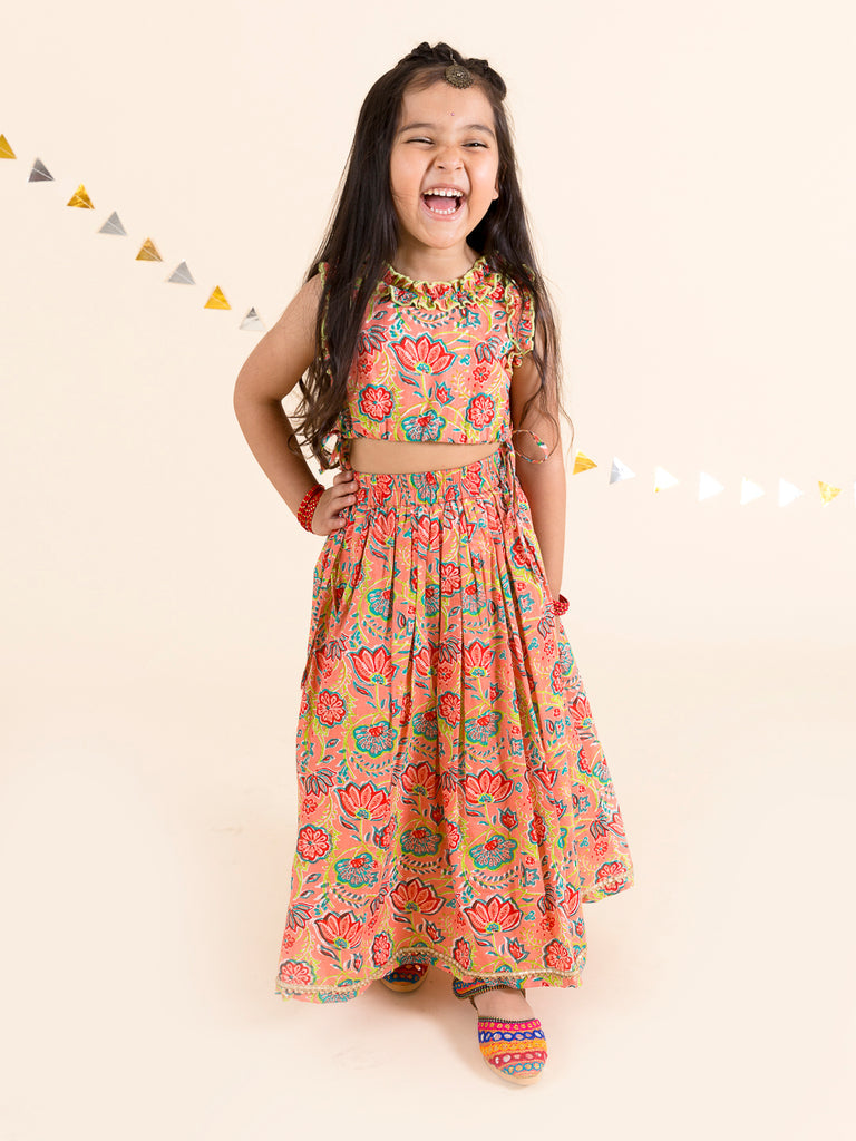 Girls Coral Floral Printed Cotton Flared Lehenga With Choli