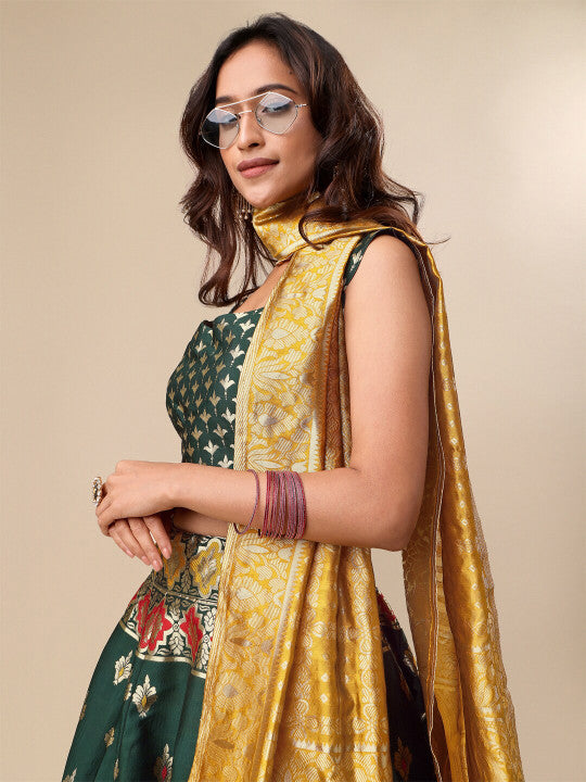 Ready to Wear Lehenga & Unstitched Blouse With Dupatta - Bottle Green