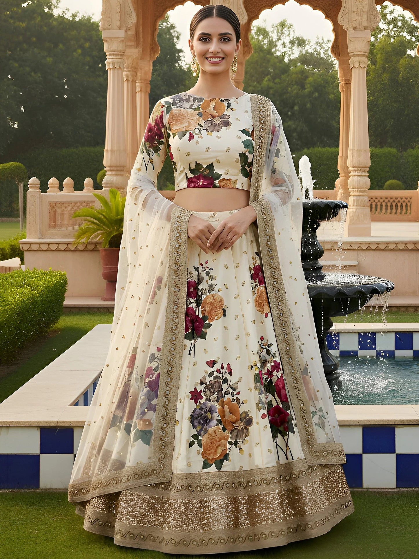 Cream Floral Digital Printed Art Silk Bridal Lehenga Choli