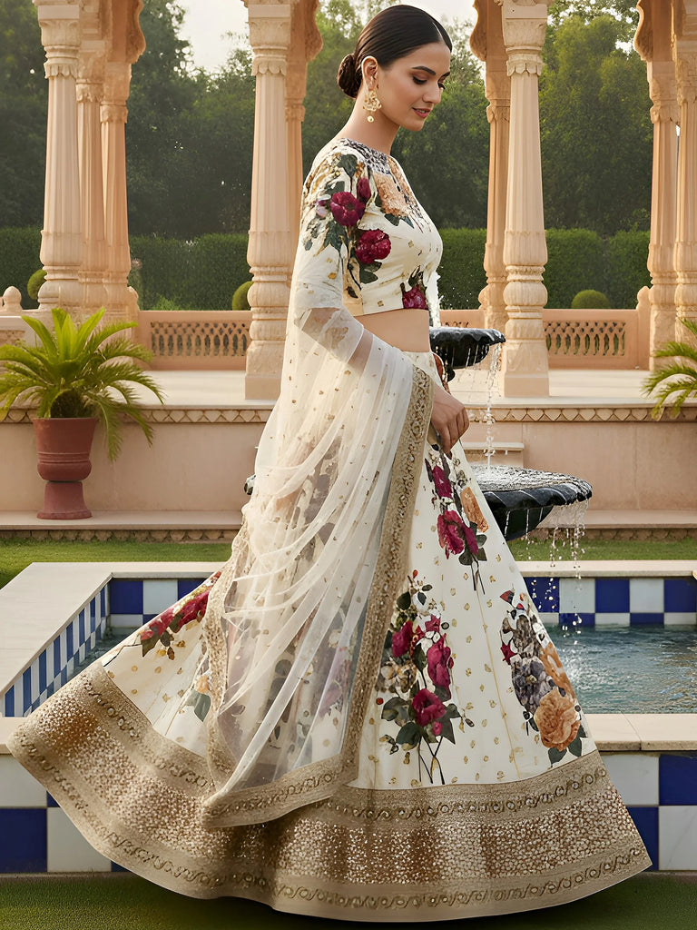Cream Floral Digital Printed Art Silk Bridal Lehenga Choli
