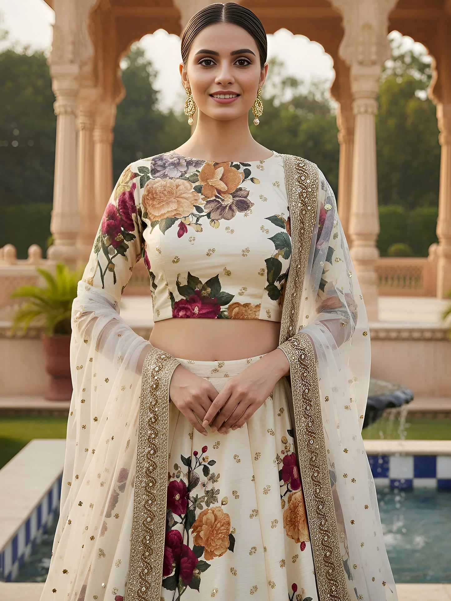 Cream Floral Digital Printed Art Silk Bridal Lehenga Choli
