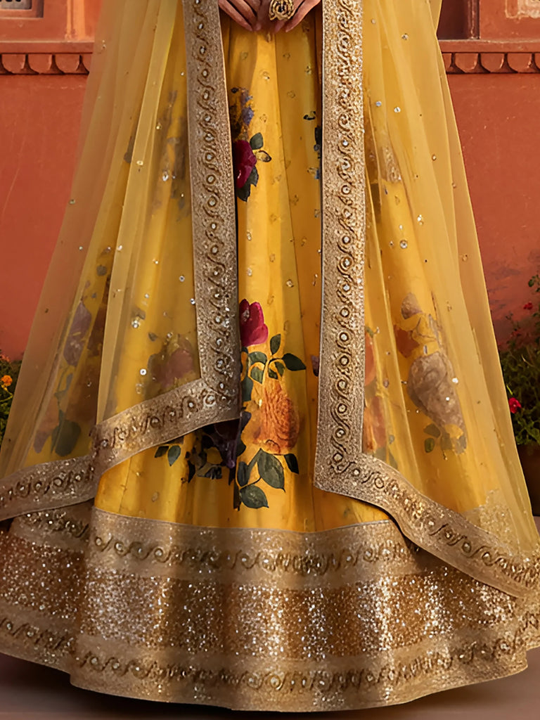 Yellow Floral Digital Printed Art Silk Bridal Lehenga Choli