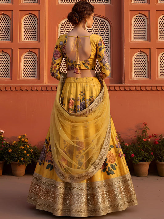 Yellow Floral Digital Printed Art Silk Bridal Lehenga Choli