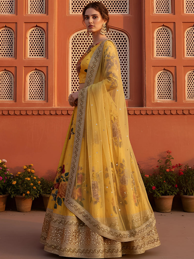 Yellow Floral Digital Printed Art Silk Bridal Lehenga Choli