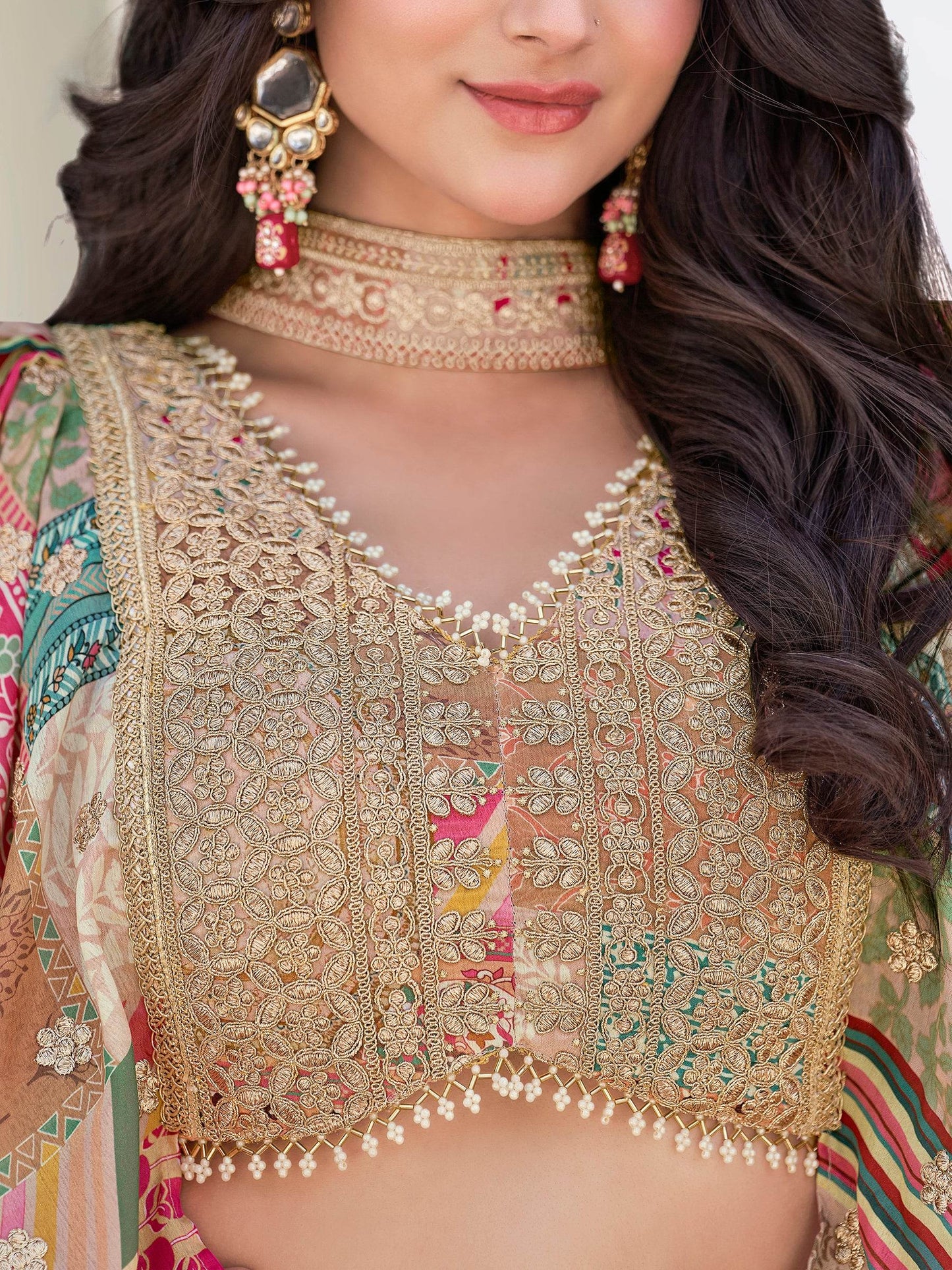 Lavishing Beige Chinon Silk Zari Embroidered Lehenga Choli