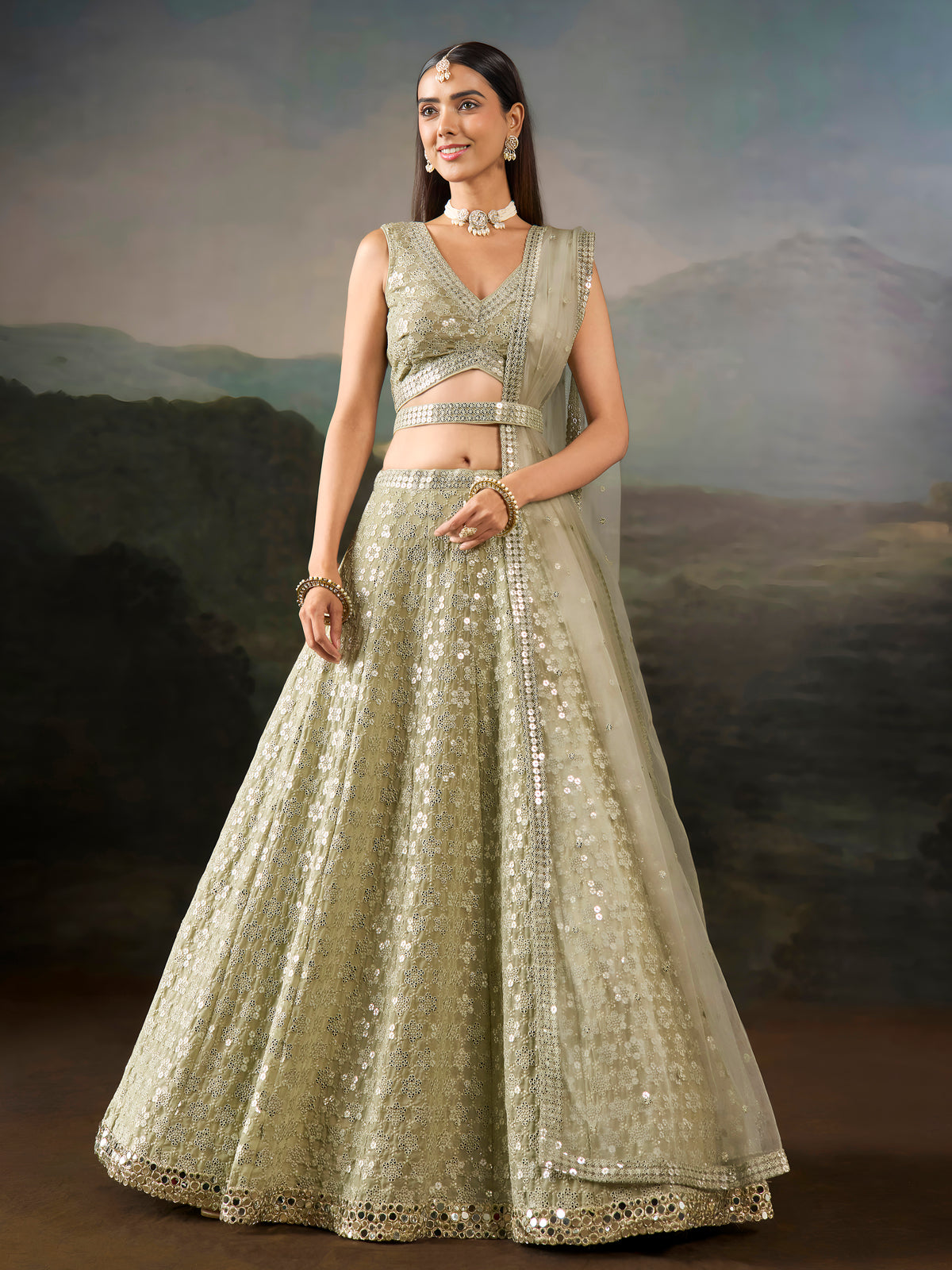 Sage Green Sequin Embroidered Lehenga Choli with Dupatta