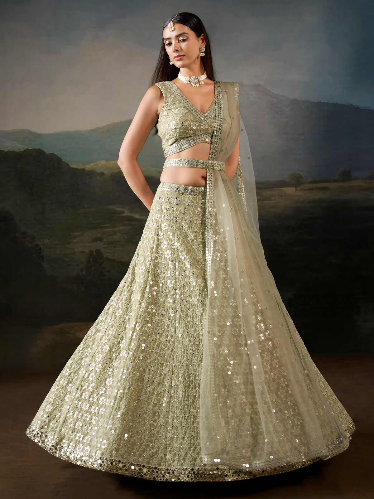 Sage Green Sequin Embroidered Lehenga Choli with Dupatta