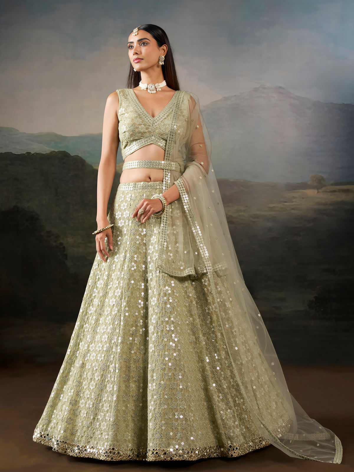 Sage Green Sequin Embroidered Lehenga Choli with Dupatta