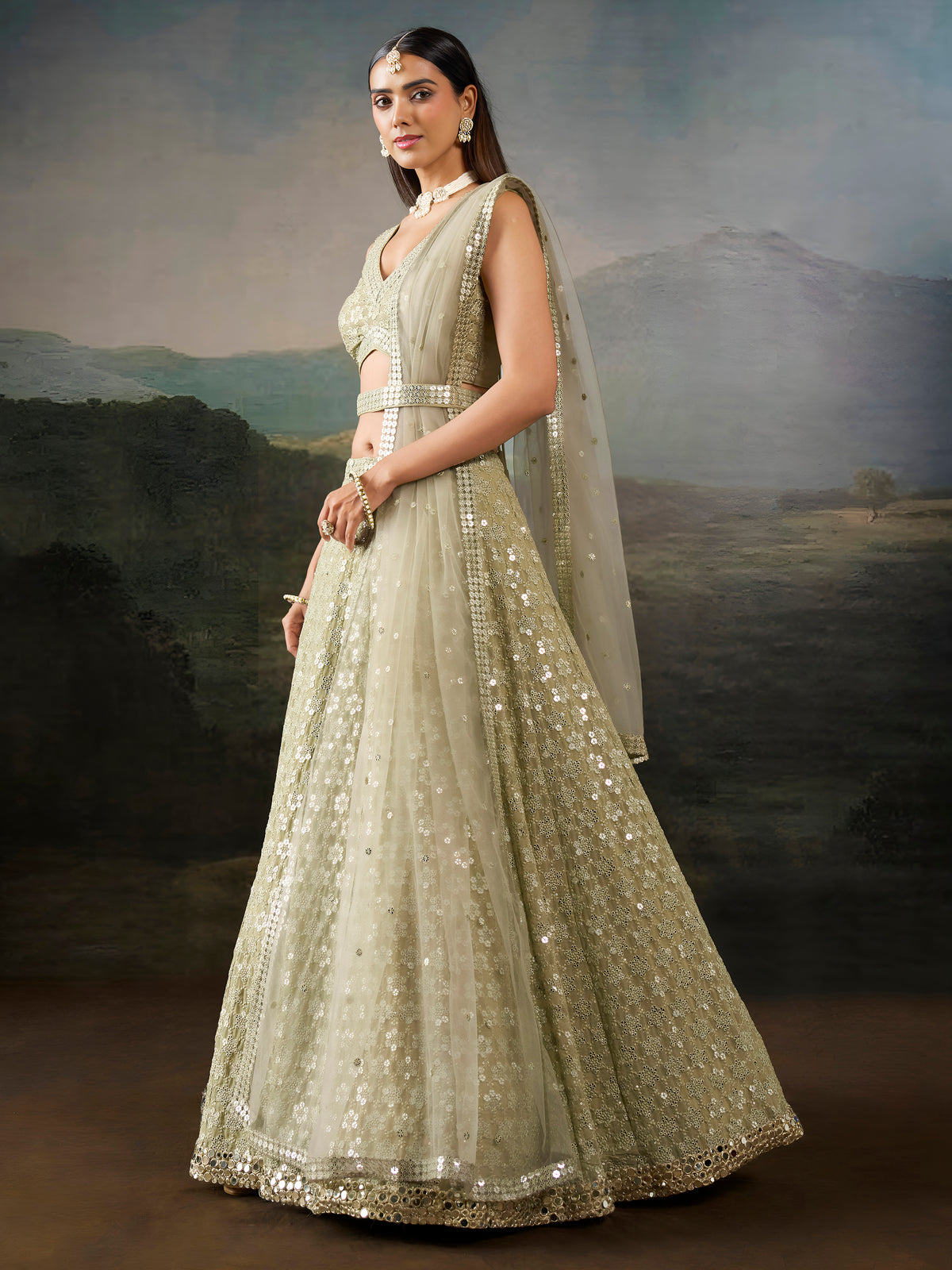 Sage Green Sequin Embroidered Lehenga Choli with Dupatta