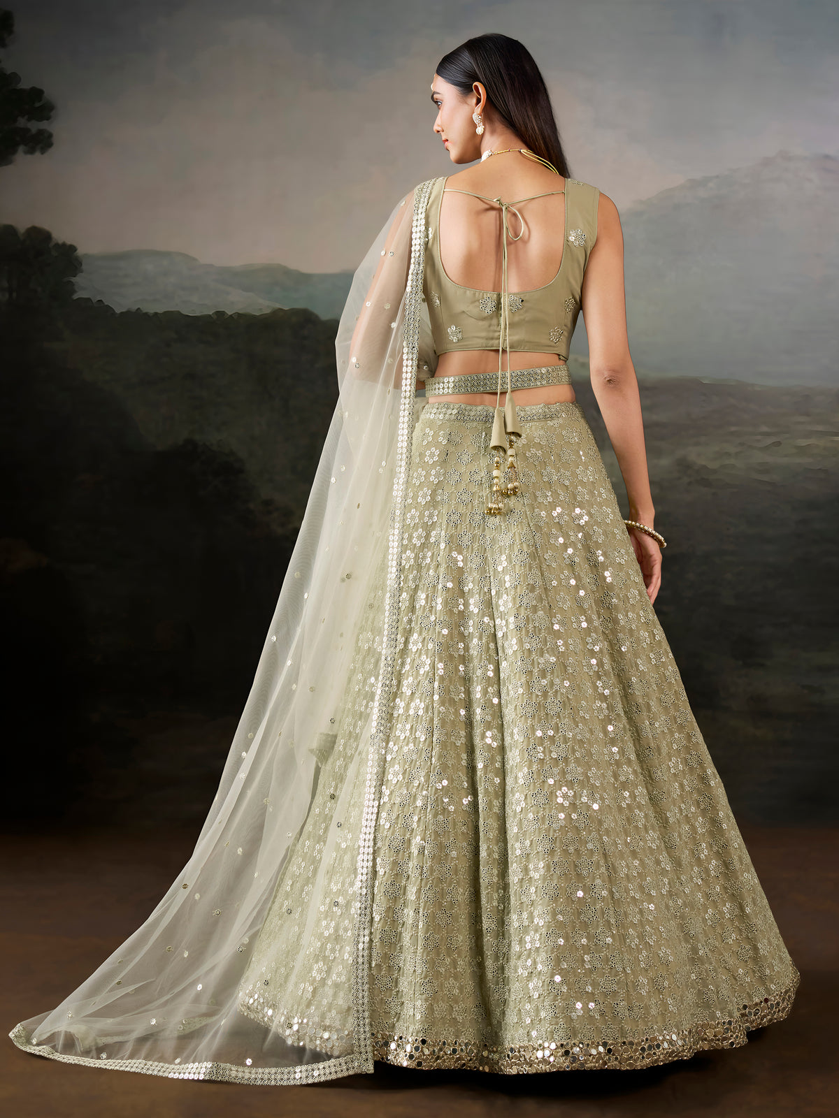 Sage Green Sequin Embroidered Lehenga Choli with Dupatta