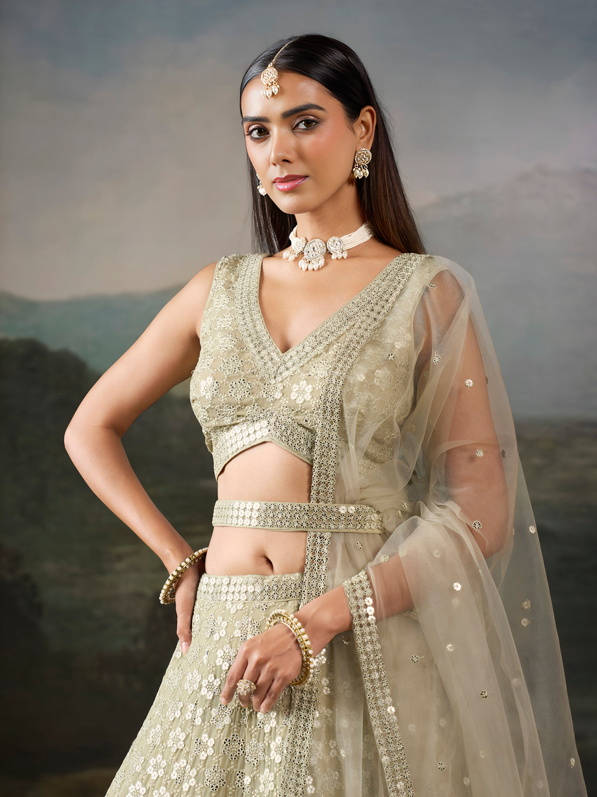 Sage Green Sequin Embroidered Lehenga Choli with Dupatta