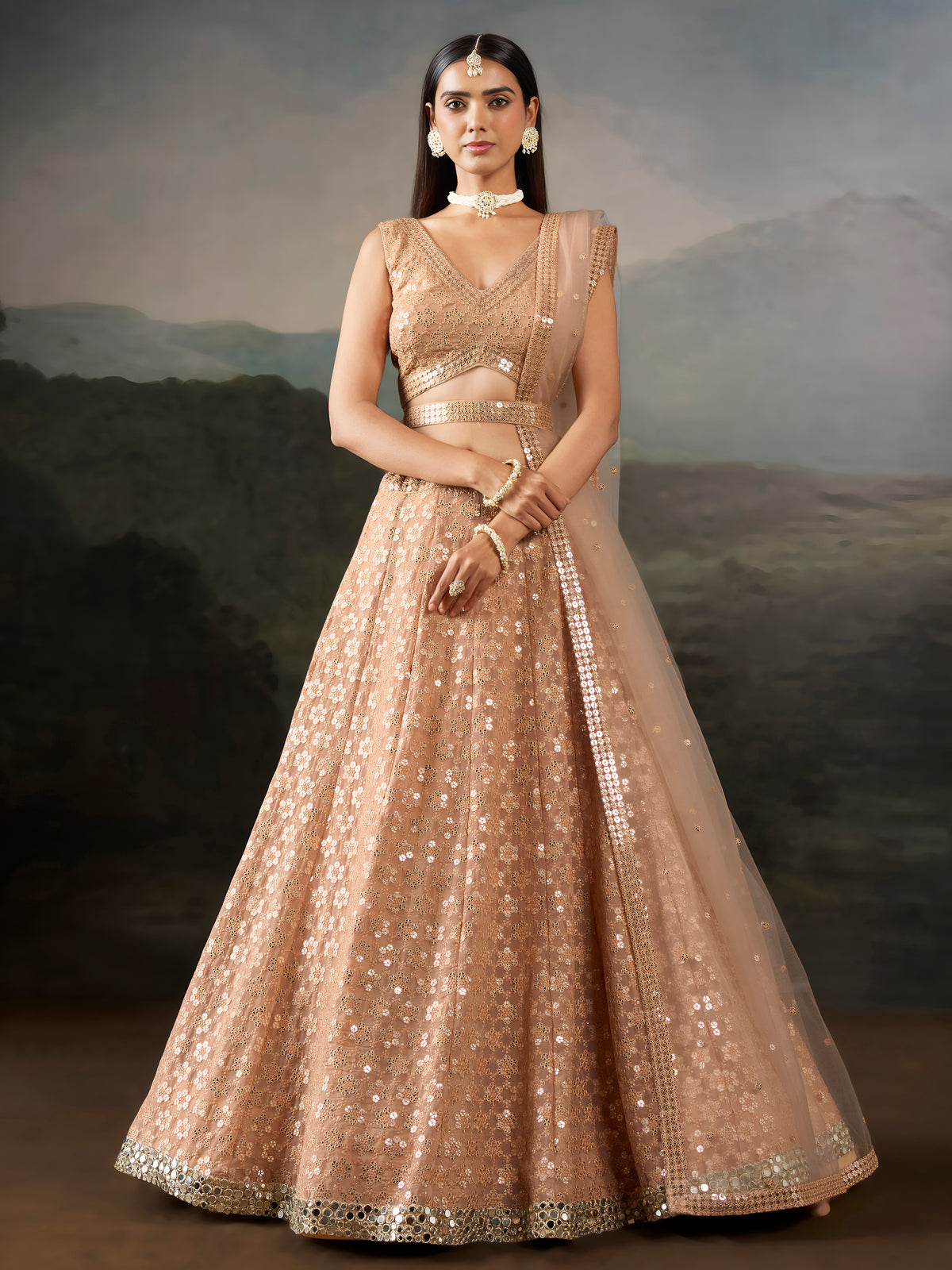 Peach Sequin Embroidered Lehenga Choli with Matching Dupatta