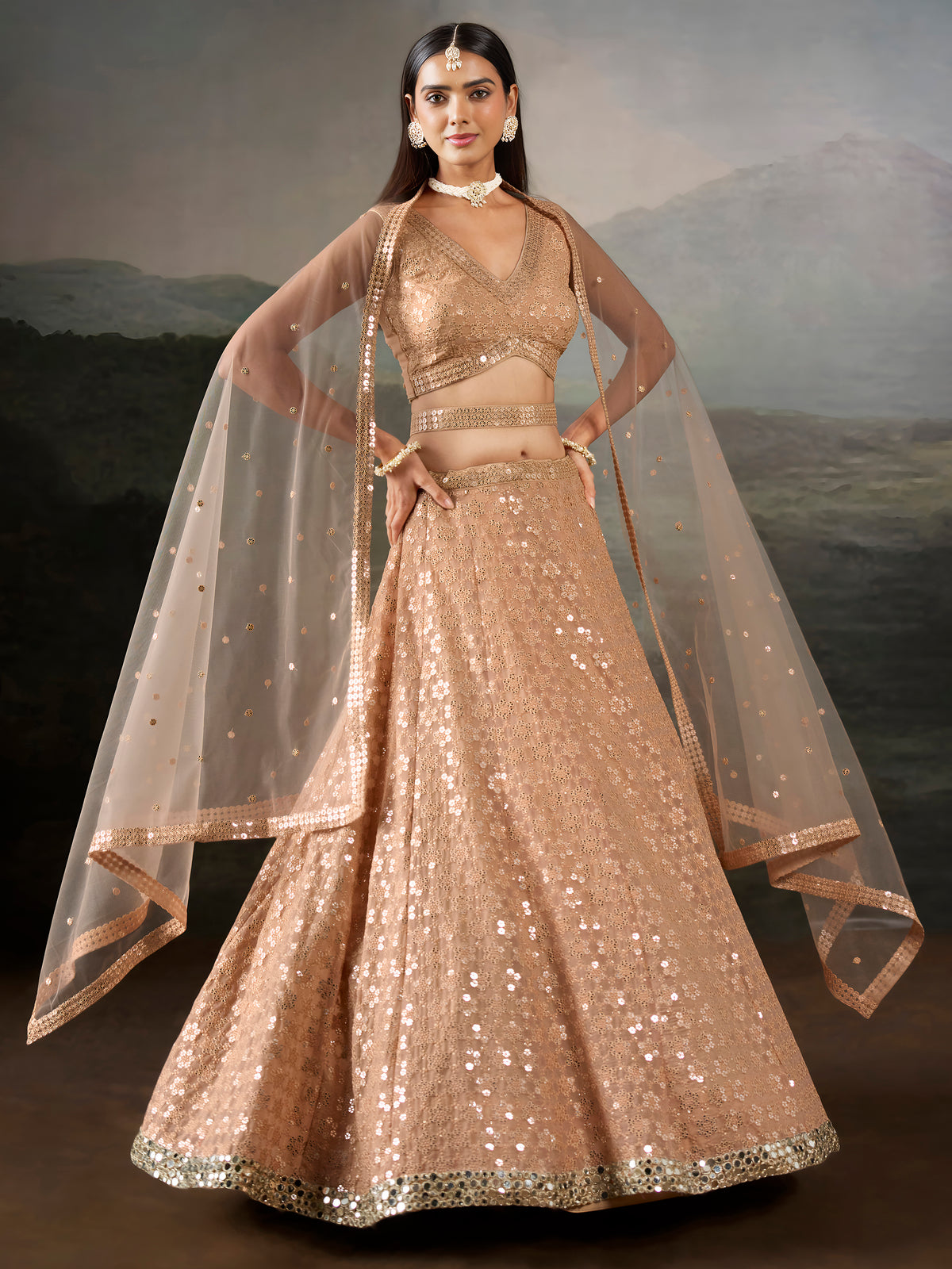 Peach Sequin Embroidered Lehenga Choli with Matching Dupatta