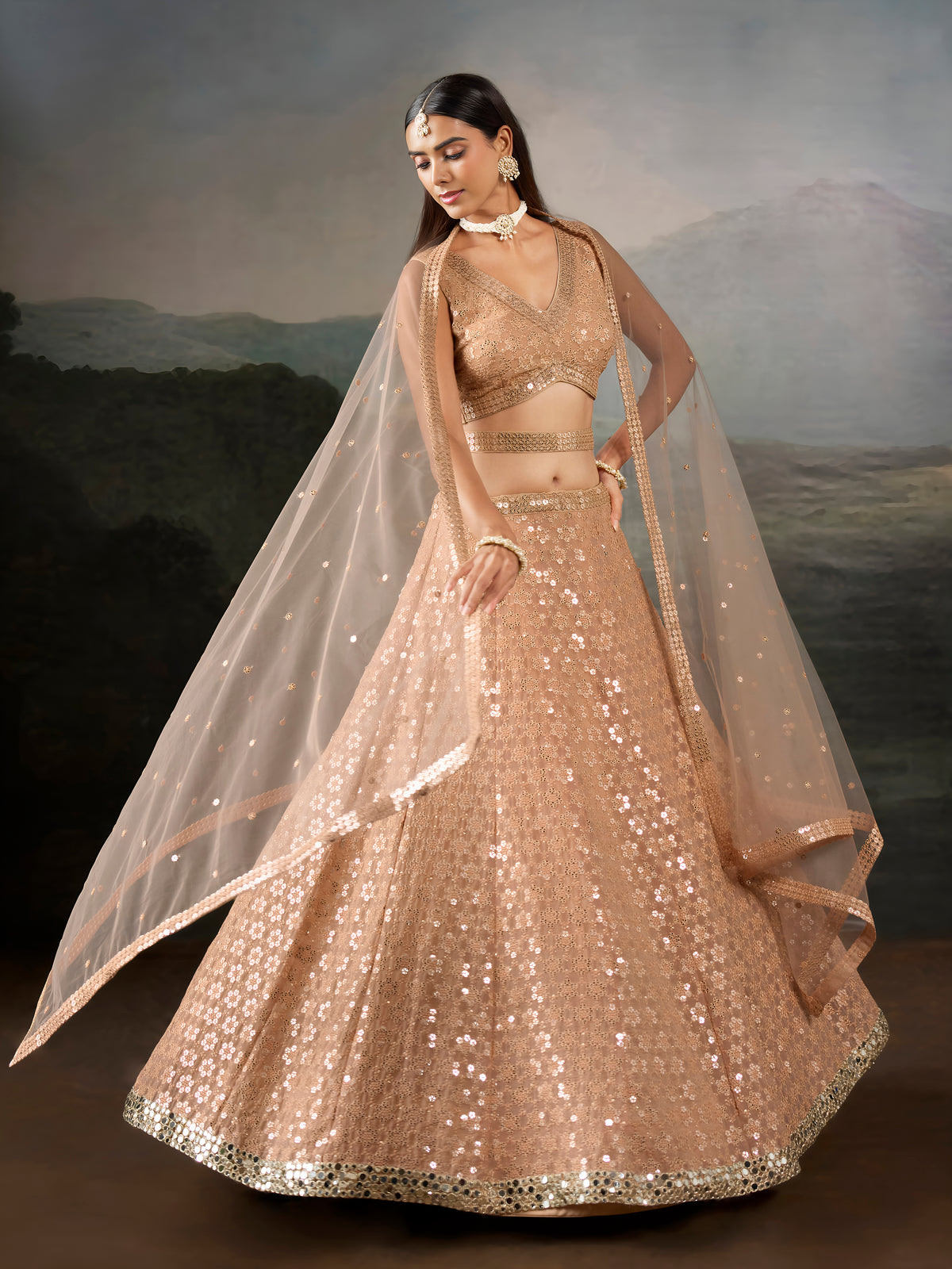 Peach Sequin Embroidered Lehenga Choli with Matching Dupatta