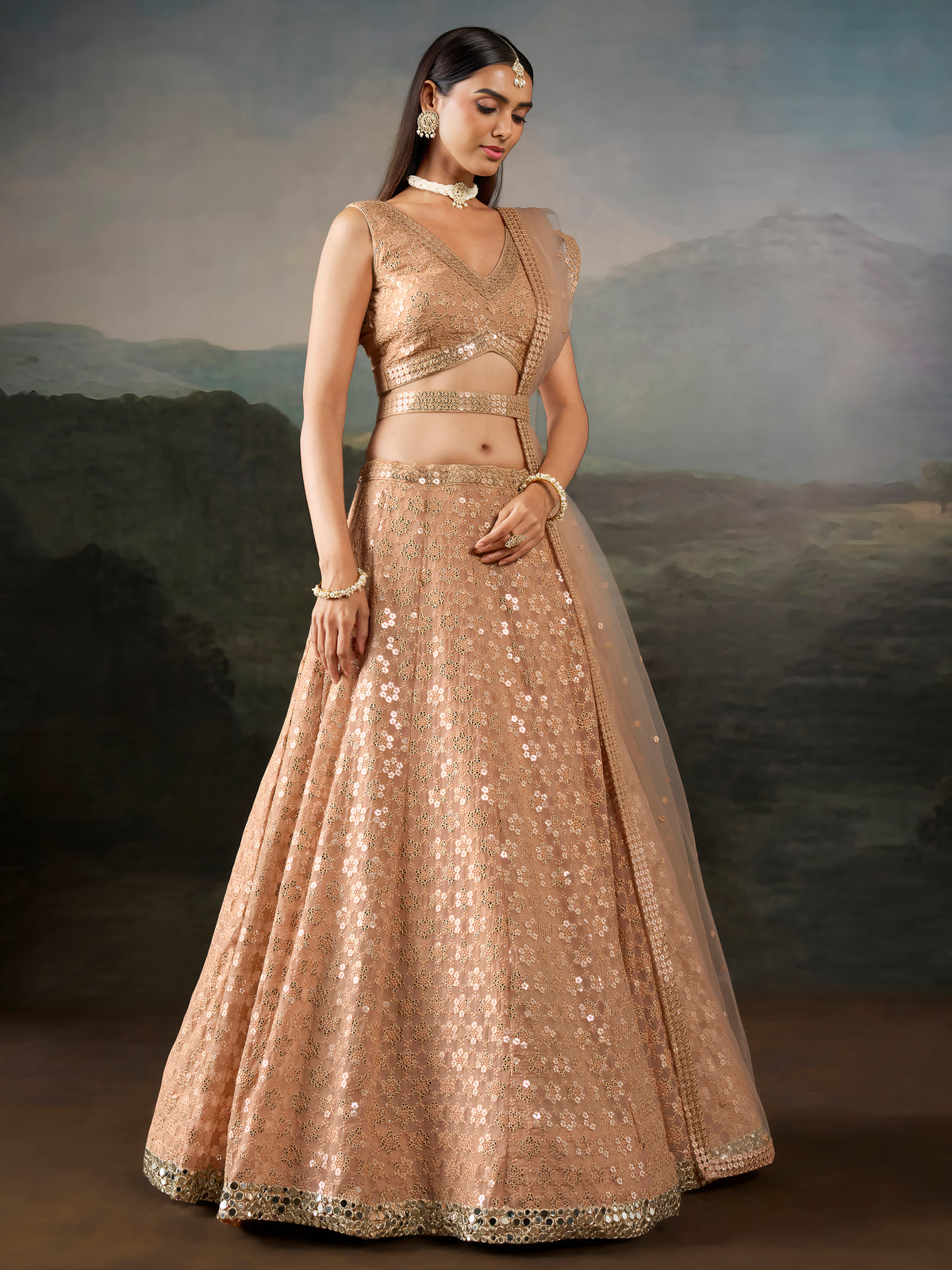 Peach Sequin Embroidered Lehenga Choli with Matching Dupatta