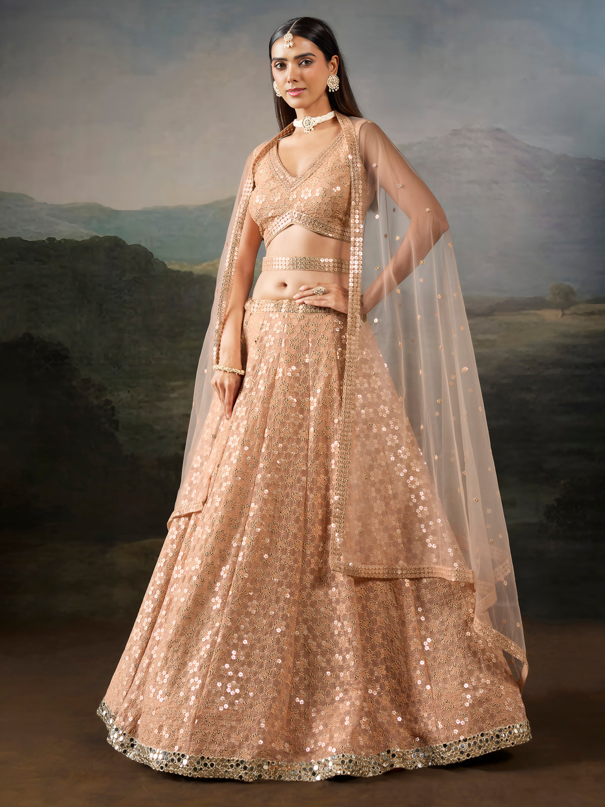 Peach Sequin Embroidered Lehenga Choli with Matching Dupatta