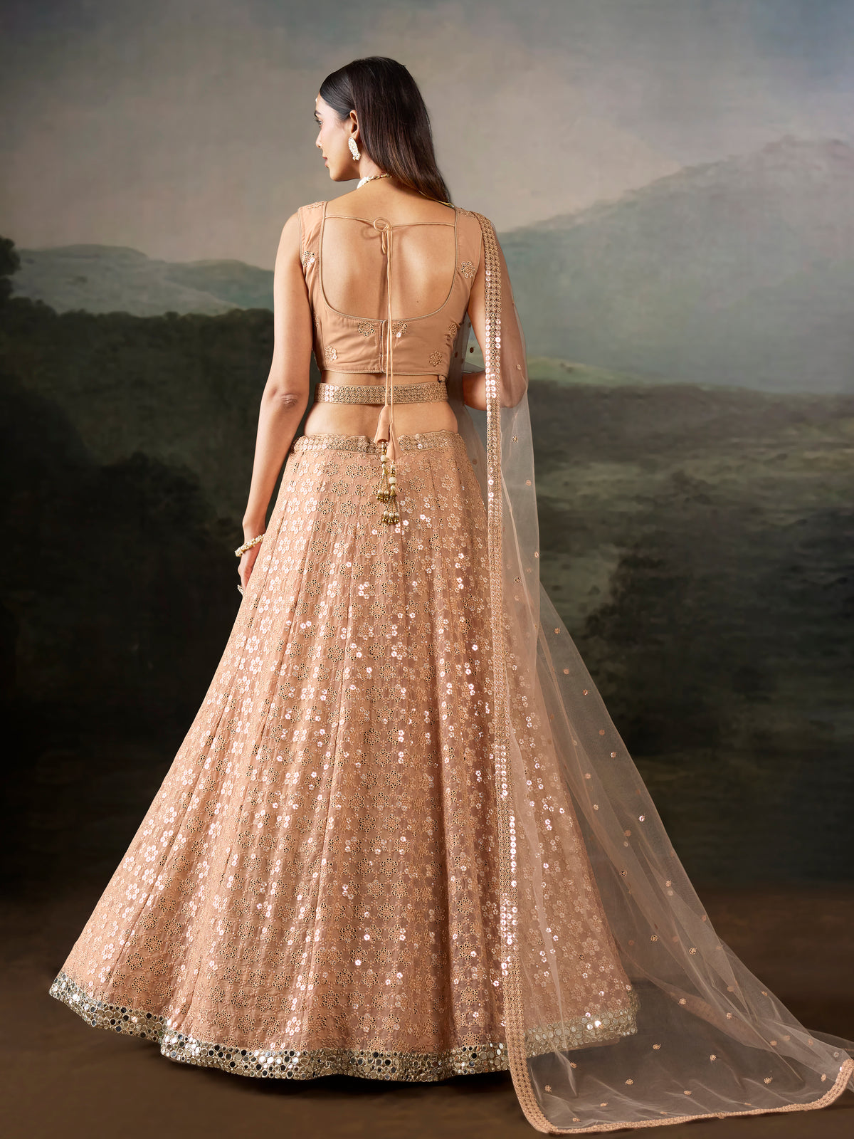 Peach Sequin Embroidered Lehenga Choli with Matching Dupatta