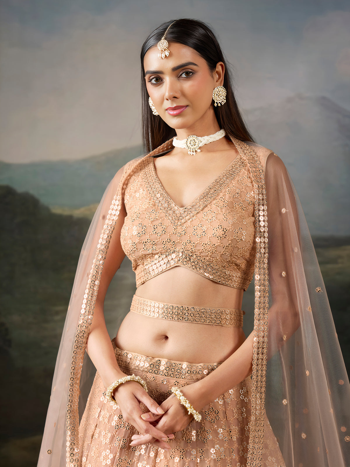 Peach Sequin Embroidered Lehenga Choli with Matching Dupatta