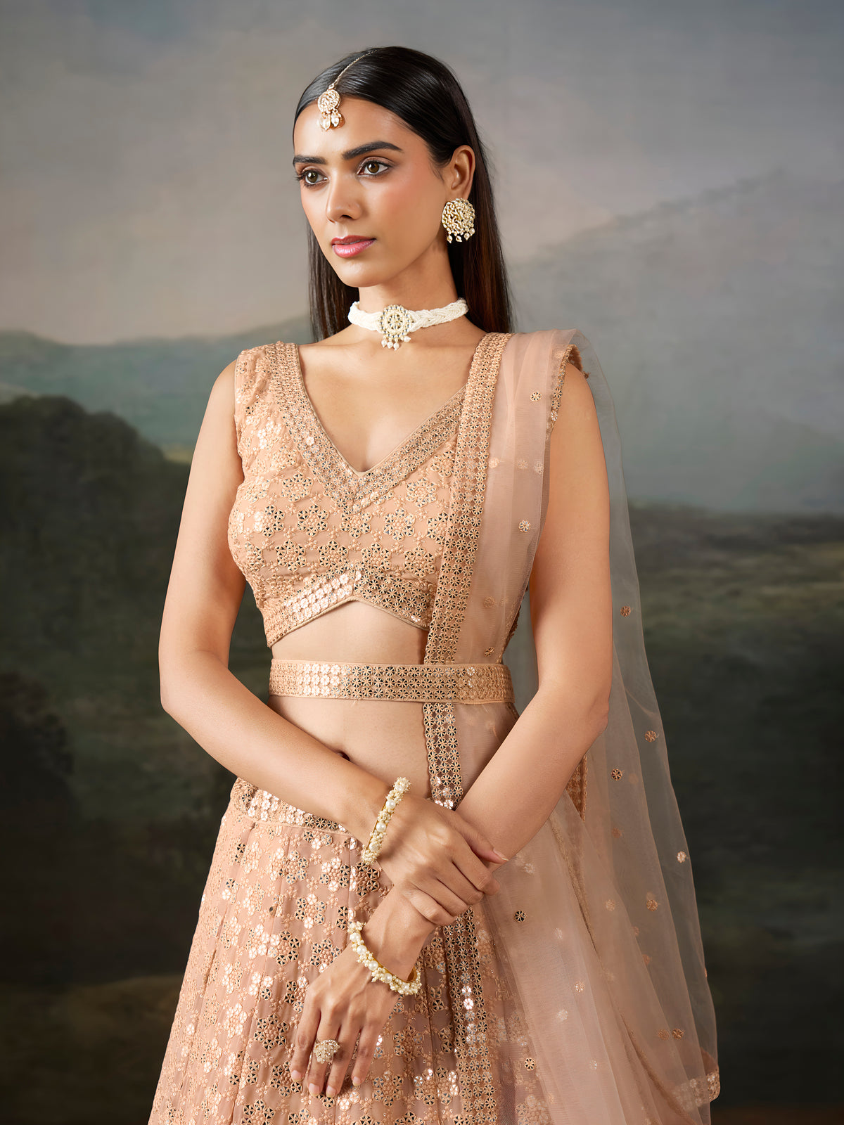 Peach Sequin Embroidered Lehenga Choli with Matching Dupatta