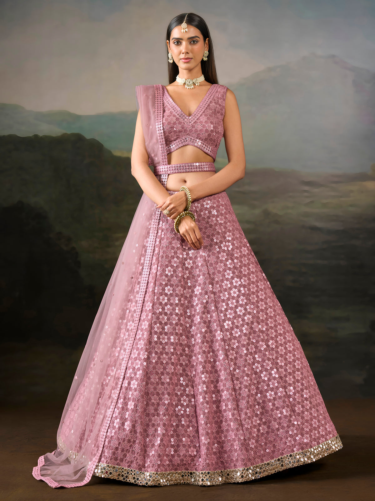 Dusty Rose Pink Sequin Embroidered Bridal & Party Wear Lehenga Choli with Dupatta