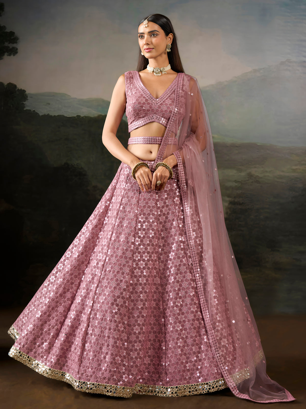 Dusty Rose Pink Sequin Embroidered Bridal & Party Wear Lehenga Choli with Dupatta