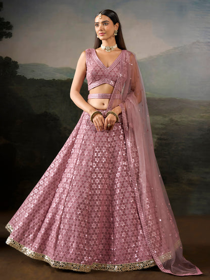 Dusty Rose Pink Sequin Embroidered Bridal & Party Wear Lehenga Choli with Dupatta