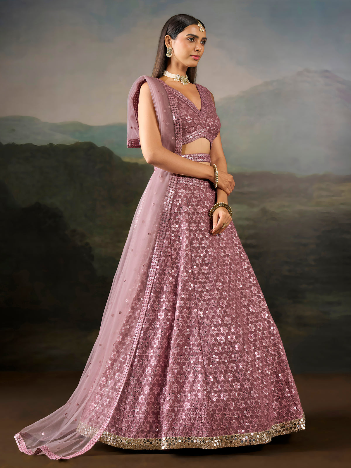 Dusty Rose Pink Sequin Embroidered Bridal & Party Wear Lehenga Choli with Dupatta
