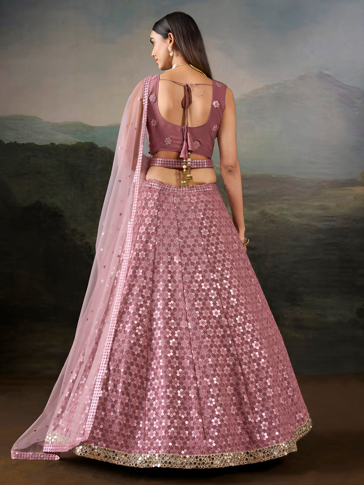 Dusty Rose Pink Sequin Embroidered Bridal & Party Wear Lehenga Choli with Dupatta