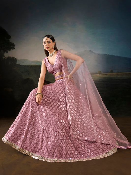 Dusty Rose Pink Sequin Embroidered Bridal & Party Wear Lehenga Choli with Dupatta